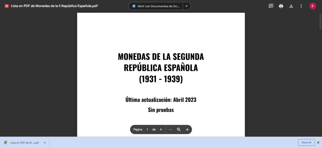 Descargada Lista en PDF de Monedas de la Segunda República Española