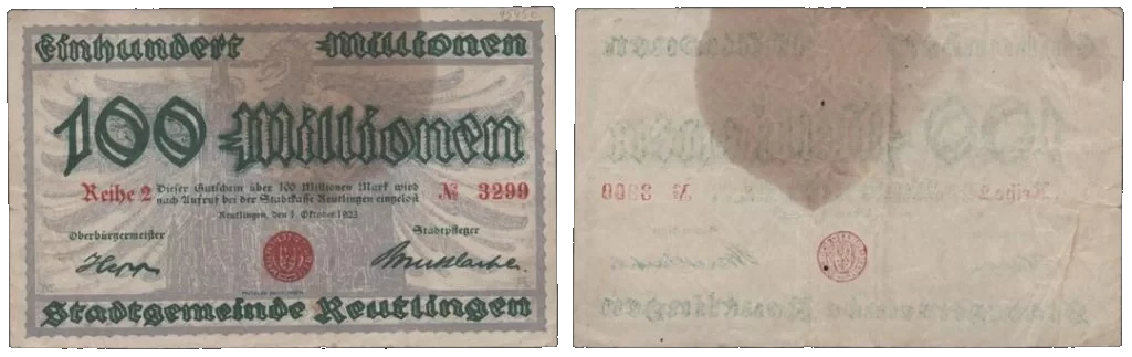 Alemania - 100 Millones de Marcos 1923 - Notgeld - Reutlingen