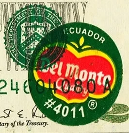 Estados Unidos - 20 Dólares 1996 - Billete del Monte - Detalle de la Pegatina de Plátano