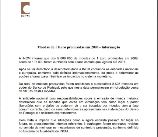 Nota de Prensa INCM sobre la moneda de 1 euro de Portugal de 2008 Mapa Viejo