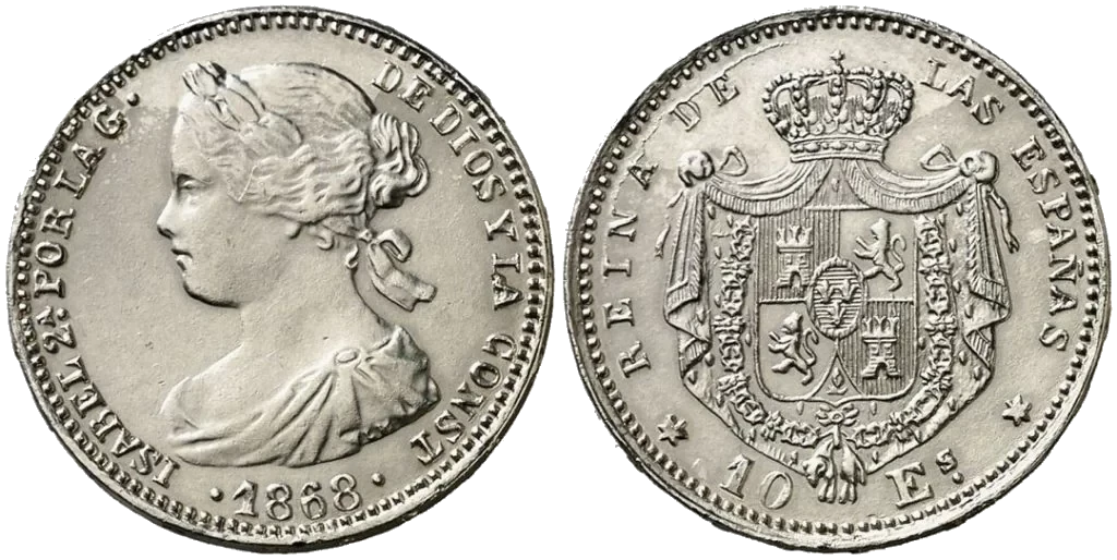 España - 10 Escudos 1868 - Falsificación en Platino