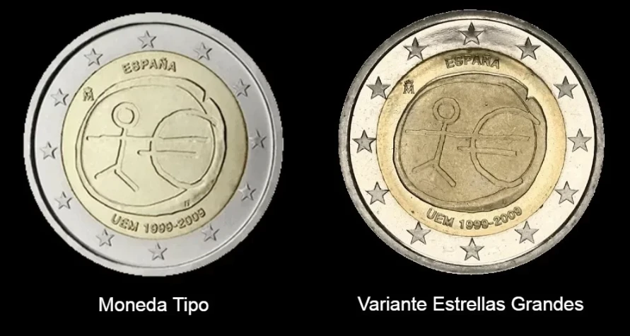 España - 2 Euros Conmemorativos 2009 - Unión Económica y Monetaria - Comparación Moneda Tipo y Variante Estrellas Grandes