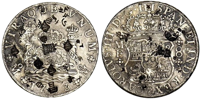 España - 8 Reales 1763 - México - Resellos Chop Chinos