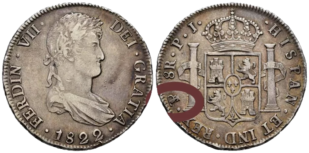 España - 8 Reales 1822 - Potosí - Marca de Ceca