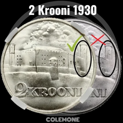 Estonia - 2 Krooni 1930 - Diferencia de Acuñación en Torres
