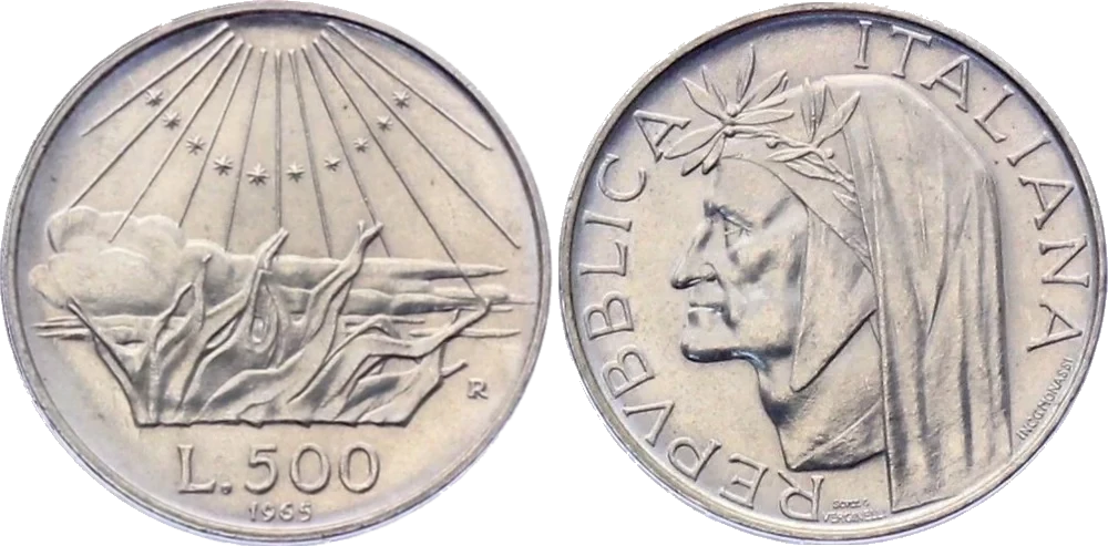 Italia - 500 Liras 1965 - Dante Alighieri