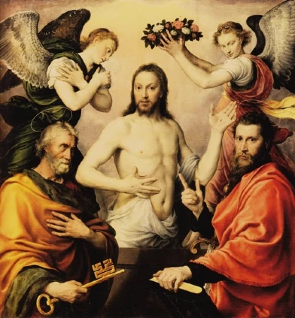 Jesucristo Resucitado Rodeado de San Pedro, San Pablo y Dos Ángeles, de Antonis Mor