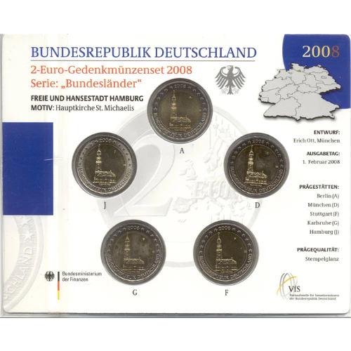 Moneda de 2 Euros Conmemorativos de Alemania 2008 - Hamburgo - Cartera Flor de Cuño - Foto 1
