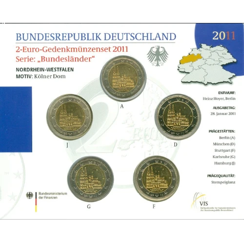 Moneda de 2 Euros Conmemorativos de Alemania 2011 - Nordrhein-Westfalen - Cartera Flor de Cuño - Foto 1