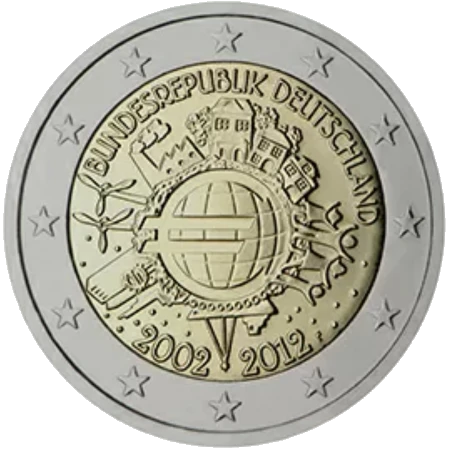 Moneda de 2 Euros Conmemorativos de Alemania 2012 - 10 Aniversario de las Monedas y Billetes de Euro