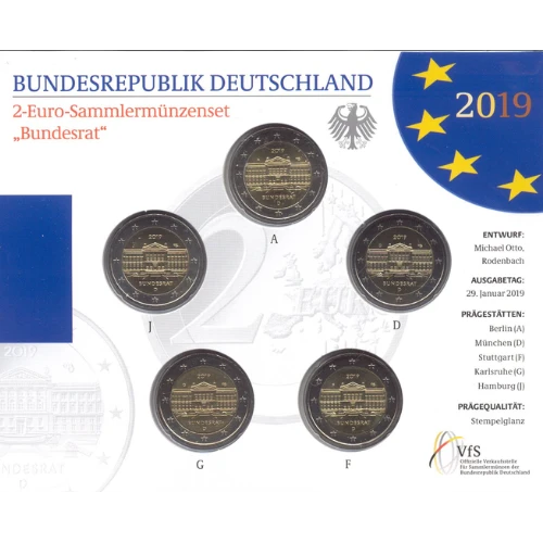 Moneda de 2 Euros Conmemorativos de Alemania 2019 - Bundesrat - Cartera Flor de Cuño - Foto 1