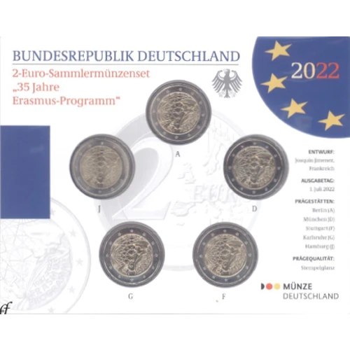 Moneda de 2 Euros Conmemorativos de Alemania 2022 - 35 Aniversario del Programa Erasmus - Cartera Flor de Cuño - Foto 1