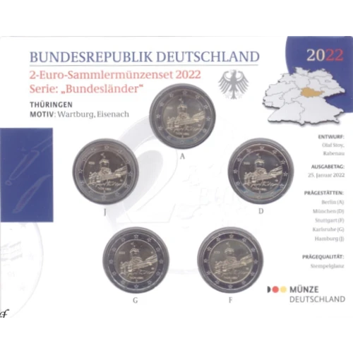 Moneda de 2 Euros Conmemorativos de Alemania 2022 - Thüringen - Cartera Flor de Cuño - Foto 1