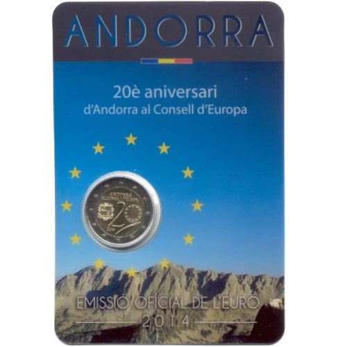 Moneda de 2 Euros Conmemorativos de Andorra 2014 - 20 Aniversario del Ingreso de Andorra en el Consejo de Europa - Coincard Flor de Cuño - Foto 1
