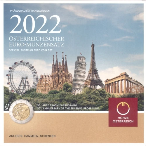 Moneda de 2 Euros Conmemorativos de Austria 2022 - 35 Aniversario del Programa Erasmus - Cartera Anual Flor de Cuño - Foto 1