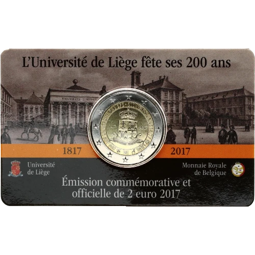 Moneda de 2 Euros Conmemorativos de Bélgica 2017 - Universidad de Lieja - Coincard en Francés - Foto 1