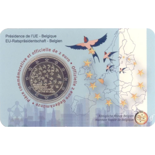 Moneda de 2 Euros Conmemorativos de Bélgica 2024 - Presidencia Europea - Coincard en Francés - Foto 1