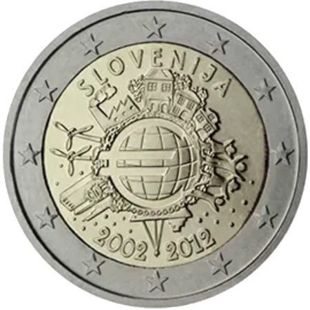 Moneda de 2 Euros Conmemorativos de Eslovenia 2012 - 10 Aniversario de las Monedas y Billetes de Euro