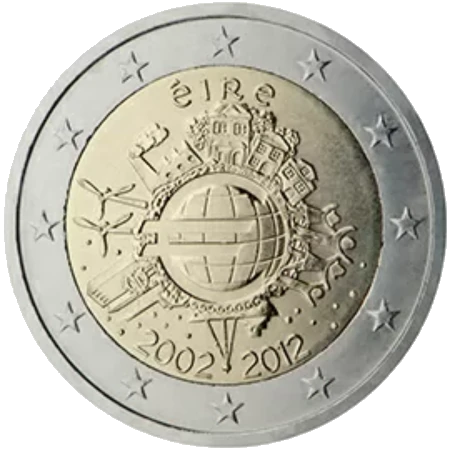 Moneda de 2 Euros Conmemorativos de Irlanda 2012 - 10 Aniversario de las Monedas y Billetes de Euro