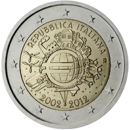 Moneda de 2 Euros Conmemorativos de Italia 2012 - 10 Aniversario de las Monedas y Billetes de Euro