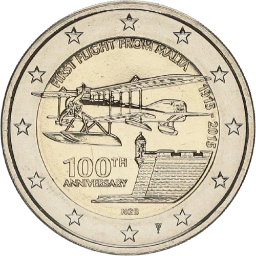 Moneda de 2 Euros Conmemorativos de Malta 2015 - Primer Vuelo desde Malta - Variante Con Marca de Ceca