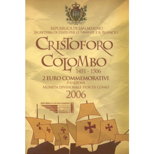 Moneda de 2 Euros Conmemorativos de San Marino 2006 - Cristóbal Colón - Cartera Flor de Cuño - Foto 1