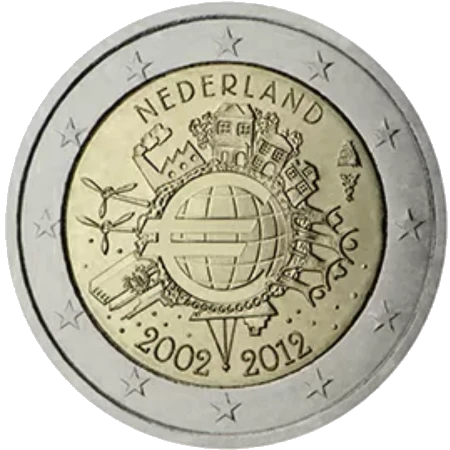 Moneda de 2 Euros Conmemorativos de los Países Bajos 2012 - 10 Aniversario de las Monedas y Billetes de Euro