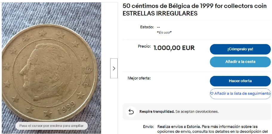 Moneda de 50 Céntimos de 1999 de Bélgica - Anuncio eBay 2