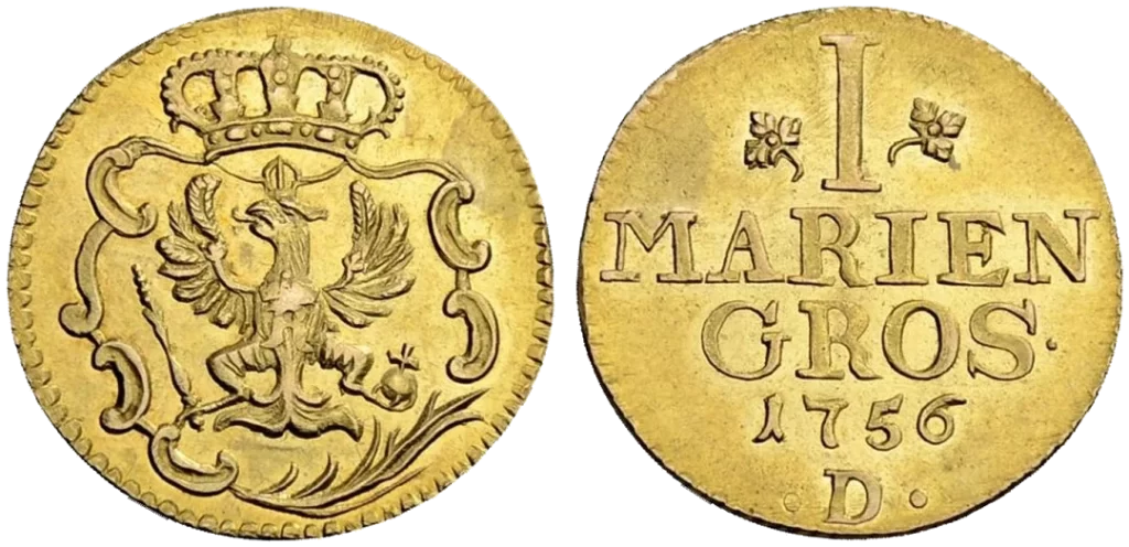 Prusia - Alemania - Medio Federico de Oro o 1 Mariengros 1756 - Aurich D