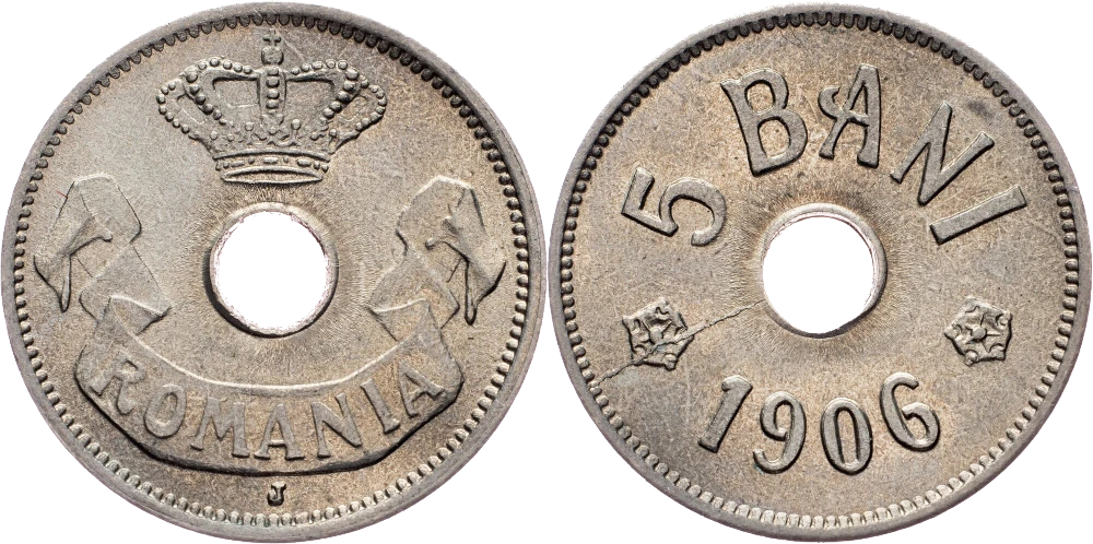 Rumanía - 5 Bani 1906 - Cuño Partido
