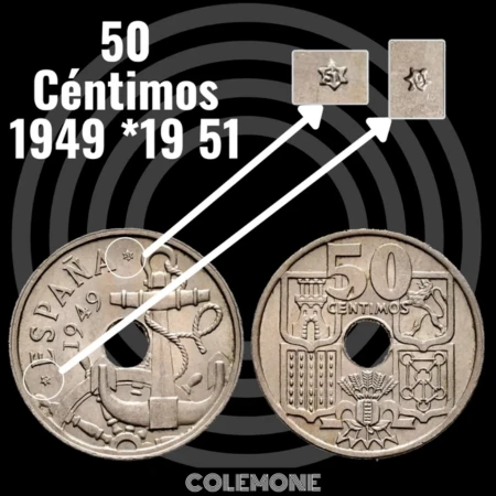 Spain - 50 Centimos 1949 Stars 19 51 - Star Explanation