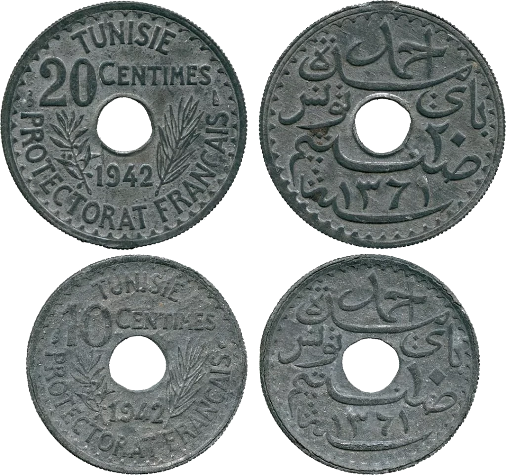 Túnez - 10 y 20 Céntimos 1942